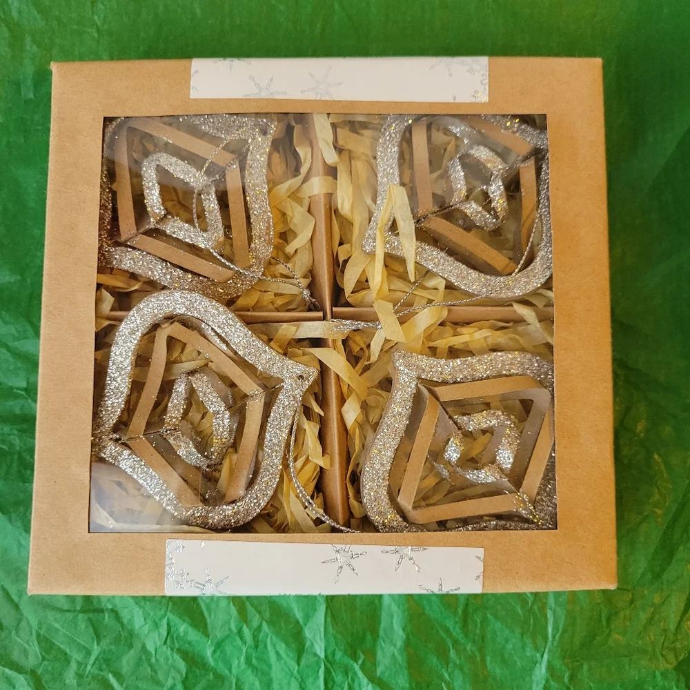 West Elm Kraft & Glitter Snowflake Ornaments (4) in Nested Box ~ VGUC